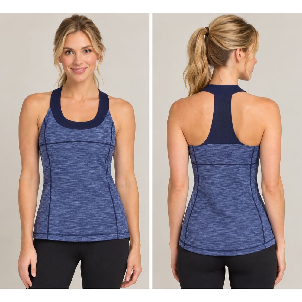 Lululemon Tank Top Womens Sz 8 Scoop Neck Blue Striped Racerback Shelf Bra Yoga